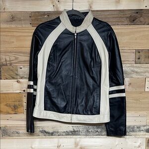 Wilsons Leather Maxima size XL Black and Cream Leather Moto Jacket with Pockets